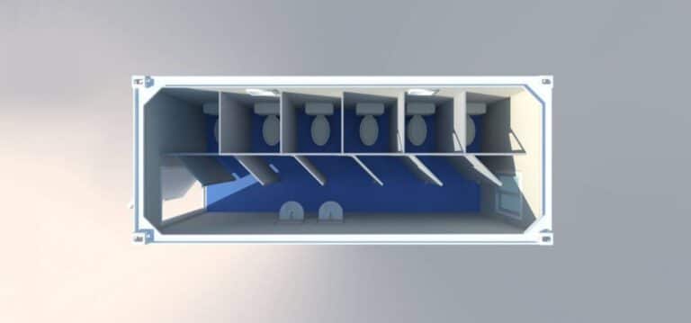 Modular restroom made from shipping container, assembled on site