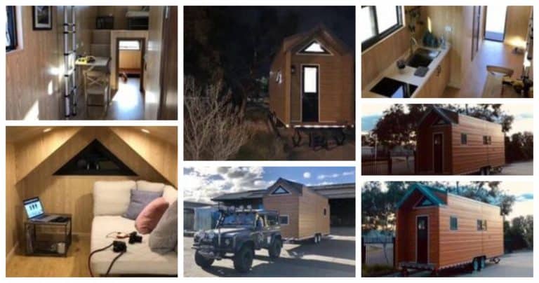 Tiny home on wheels with wood-paneling for travel